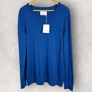 NWT Samsoe 100% Merino Wool Blue Crew Neck Sweater Mens Size XL Knit Lightweight